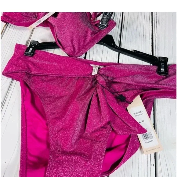 BCBGENERATION Magenta Berry Stardust Metallic Bandeau Bikini Top & B NWT 142.00